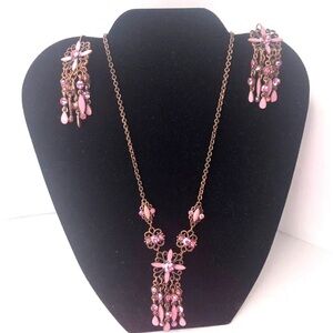 Handmade Necklace Set Chandelier Earrings Enamel Pink Crystals